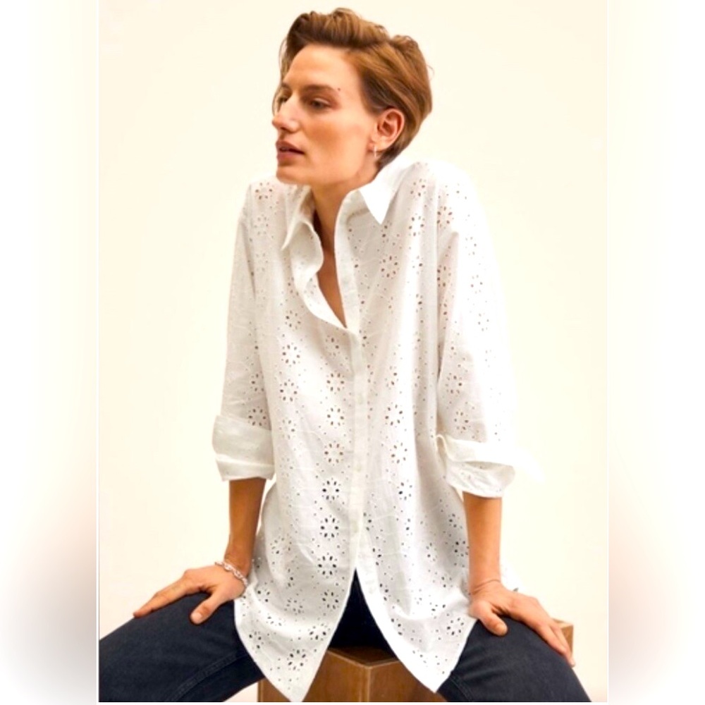 NWT MANGO (MNG) CAMISA Oversized White Eyelet Button Down Shirt Size 4 #0029